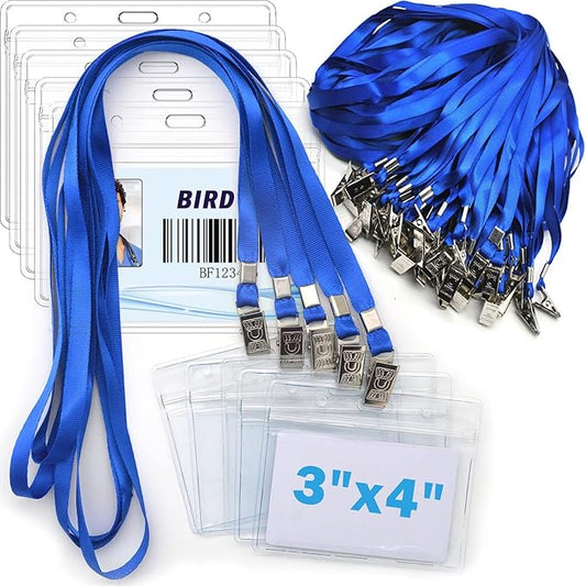 4x3 Name Tags Badge Holder with Lanyard 50 Pack Waterproof Horizontal ID Badge Holder and 50 Pcs Lanyards Nametag for Conferences, Events, and Meetings (Blue, 4 X 3 inches)
