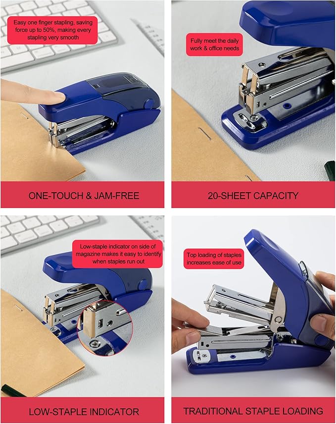 PAPERPAL Effortless Standard Stapler Set, 20 Sheet Capacity, Half Strip with Built-in Staples Storage, Includes 1000 pcs 1/4“ Staples & A Staple Remover, for Office, School & Personal Use, Dark Blue