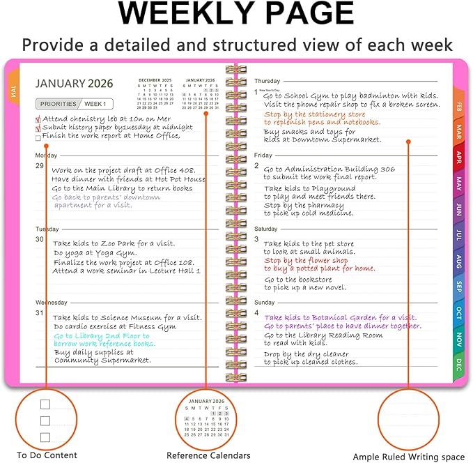 2026 Planner Weekly and Monthly, 2026 Academic Year (January 2026 - December 2026) Calendar wirh Tabs, Agenda Book for School Student, Teachers, Office Supplies,Home, 6" x 8.5" (Pink JAN2026-DEC2026)