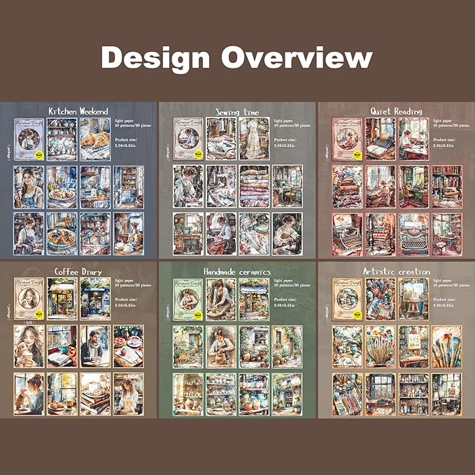 Weekend Diary Scrapbook Paper, 180PCS Vintage Hand-Tearable Sheets with Aged Edges, Coffee, Sewing, Reading & Art-Inspired Themes for Journaling and Collage