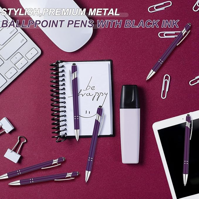 Tenare 12 Pieces 2 in 1 Stylus Metal Ballpoint Pen with Stylus Tip, 1.0 mm Black Ink Ballpoint Pen for Touch Screens(Purple and Silver)