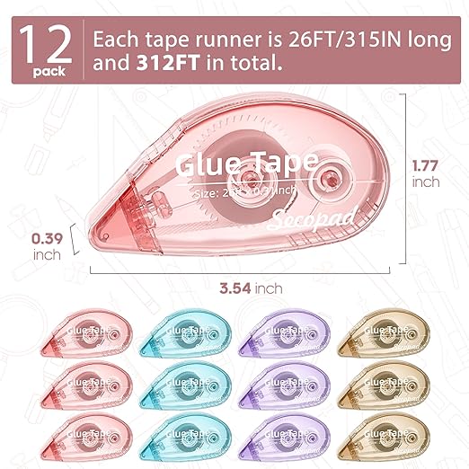 12 Pack Scrapbook Tape, Double Sided Tape Roller for Crafts, Adhesive Glue Runner for Scrapbooking Journal Supplies, Glue Roller School Office Teacher Supply for Kids and Adults, 0.3IN x 26FT