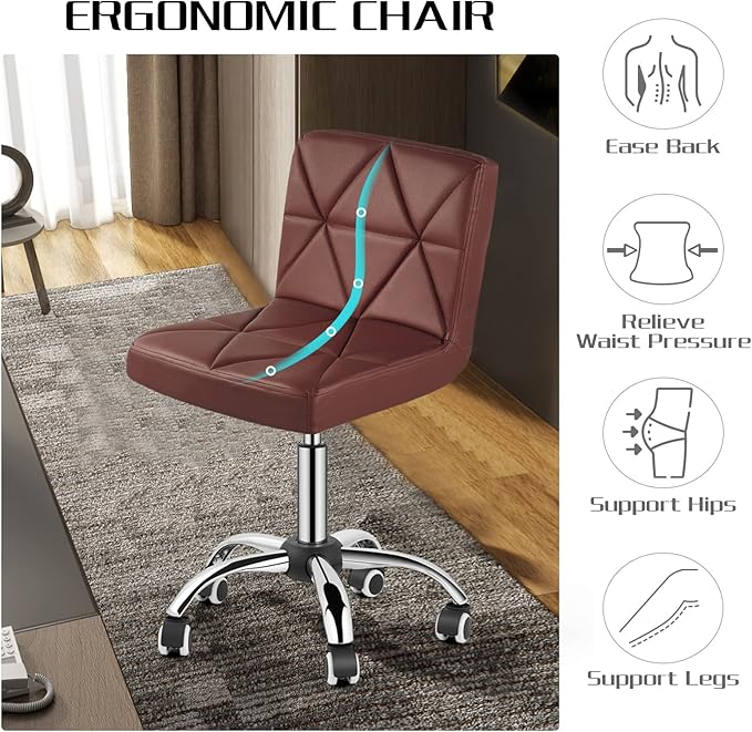 COSVALVE Armless Desk Chair, Mid Back 360 Swivel Office Chair, Height Adjustable Executive Conference Task Chair with Rolling Wheels and Diamond Pattern for Home Bedroom Computer Barber, Brown