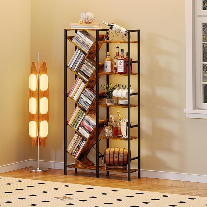 5-Tier Double Wide Bookshelf 67" , Industrial Tree BookShelves, Vintage Storage Rack with 14 Open Shelves, Large Bookcase, Wooden and Metal Bookshelves, Wide Display Rack for Home Office Decorative