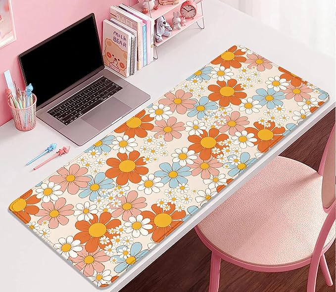 Vintage Floral Mouse Pad Daisy Desk Pad,Retro Flower Mouse Mat,Extended Gaming Mouse Mat,Stitched Edges Non-Slip Waterproof Rubber Base Mous Mat for Office Home Work Game Desk Pad(27.5X11.8 in)