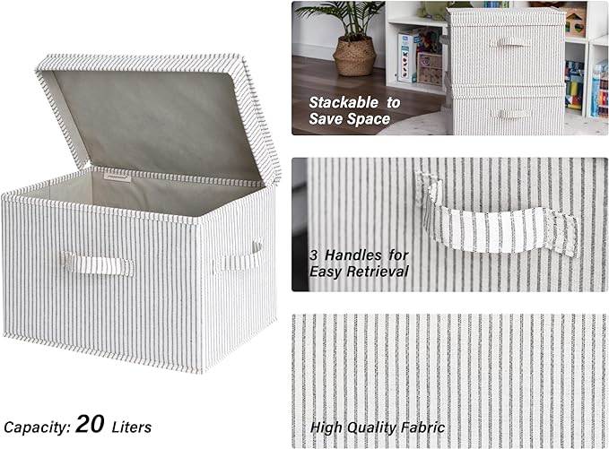 StorageWorks Fabric Storage Bins with Lid, Decorative Storage Boxes for Shelves, Stackable Closet Organizer Basket with Handles, Large, Gray and White Stripes, 2-Pack