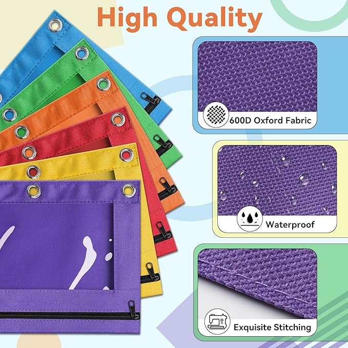 V-Opitos Pencil Pouch for 3 Ring Binder, 2 Pack Purple 3-Holes Zipper Pencil Pouches, Sturdy and Durable Cloth Pencil Case with Clear Window for Office School College Supplies