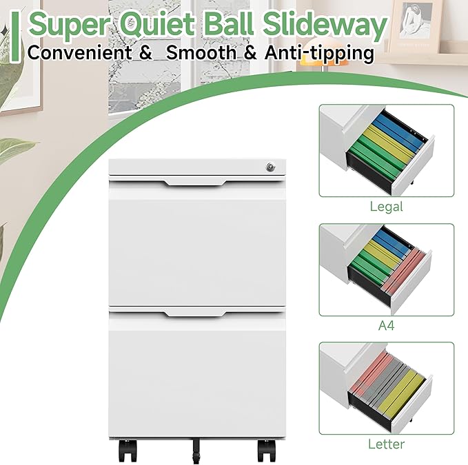 2 Drawer Mobile File Cabinet with Lock,Under Desk Metal Filing Cabinets with Wheels for Home Office Organizer Letters/Legal/A4(Easy Assemble-White)