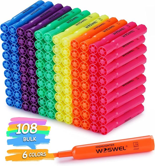 Highlighters Bulk, 108 Pack Tank Style Highlighters Assorted Fluorescent Colors Set, 6 Bright Colors Chisel Tip Highlighter Markers for Kid and Adult Coloring, Highlighting as School Supplies