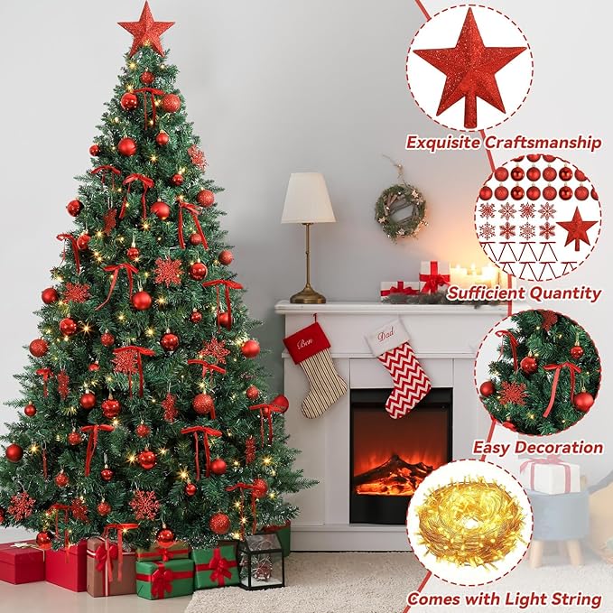 86Pcs Led Light Red Christmas Tree Decorations Set 100 Led Light Christmas Star Trees Topper with String Lights Xmas Balls Snowflakes Ornaments Bows Xmas Trees Decor 20m Light String