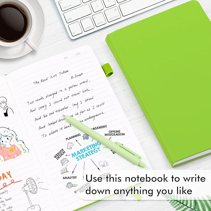 feela 12 Pack Notebooks Journals Bulk, Hardcover Notebook Classic Ruled Lined Journals with Pen Holder for Women Girls School Business Supplies, with 12 Black Pens, 120 GSM, 5.1”x8.3”, A5, Green