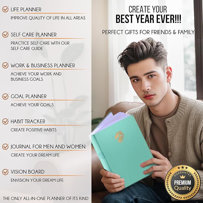 Life Planner - Undated Daily, Weekly & Monthly Planner with Budget Section | A 12 Month Journey to Increase Productivity & Happiness | Life Organizer & Gratitude Journal - Horizontal Format