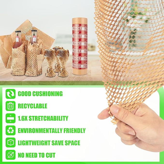 Honeycomb Packing Paper, MINHAO 15"x230' Eco Friendly Packing Paper for Moving Recyclable Honeycomb Paper Moving Supplies Bubble Paper Wrapping Protective Roll, With 36 Fragile Sticker Labels