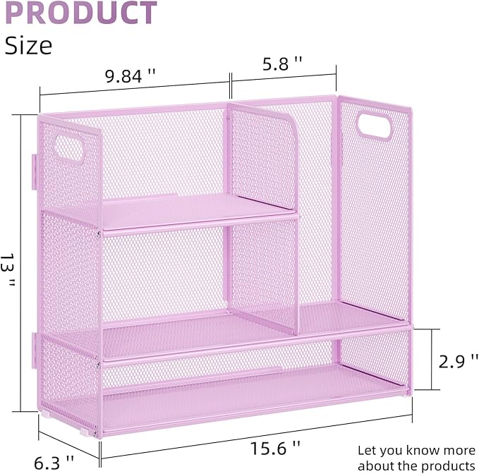 Marbrasse 3-Tier Desk Shelf Organizer with Handle, Desktop Bookshelf File Holder, Mesh Display Shelf Organizer Storage Rack for Office, Home, Supplies, Kitchen (Purple)