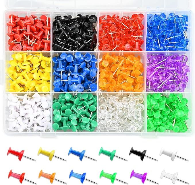 600 Pack Thumb Tacks, Colored Map Push Pins Multicolored Push Pins Assorted 12 Colors, Decorative with Steel Point for Bulletin Board, Fabric Marking, Crafts and Organization at Home Office Schoo