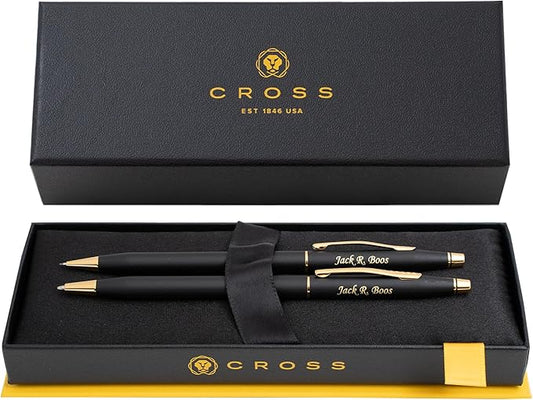 Cross Classic Century Ballpoint Pen and Pencil Set. Matte Black with Gold Trim. Iconic Gift Set