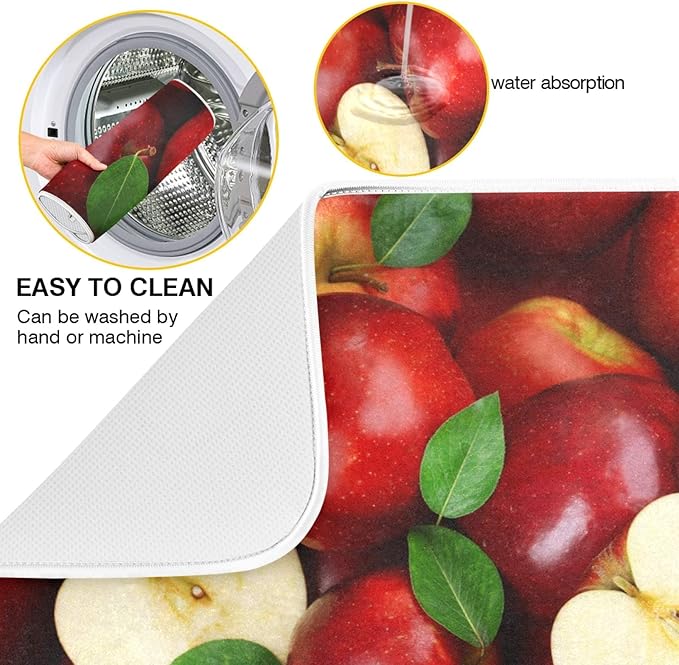 Leaves Red Apples Dish Drying Mat 16 X 18 Inch Natural Fresh Fruits Dry Dishes Pads Tableware Mats Absorbent Microfiber Protector for Kitchen Countertops Counter Home Decorations