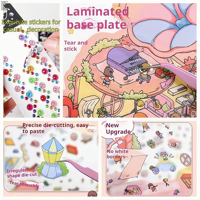 selgratwin DIY 3D Sticker Scenes for Adults Kids Reusable Cute Scene Stickers with Tweezer and Gem Stickers DIY Fun Mini Shops,playgrounds,Dream Houses Sticker Therapy Relief Stress ﻿Pass The time