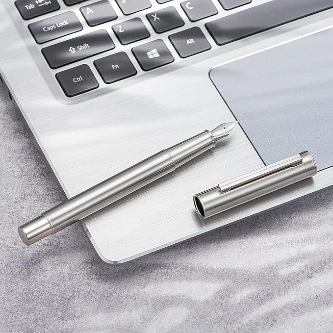 Hongdian 1861 Stainless Steel Fountain Pen Bent Nib, Classic Design Smooth Writing Pen with Converter and Metal Pen Case Set