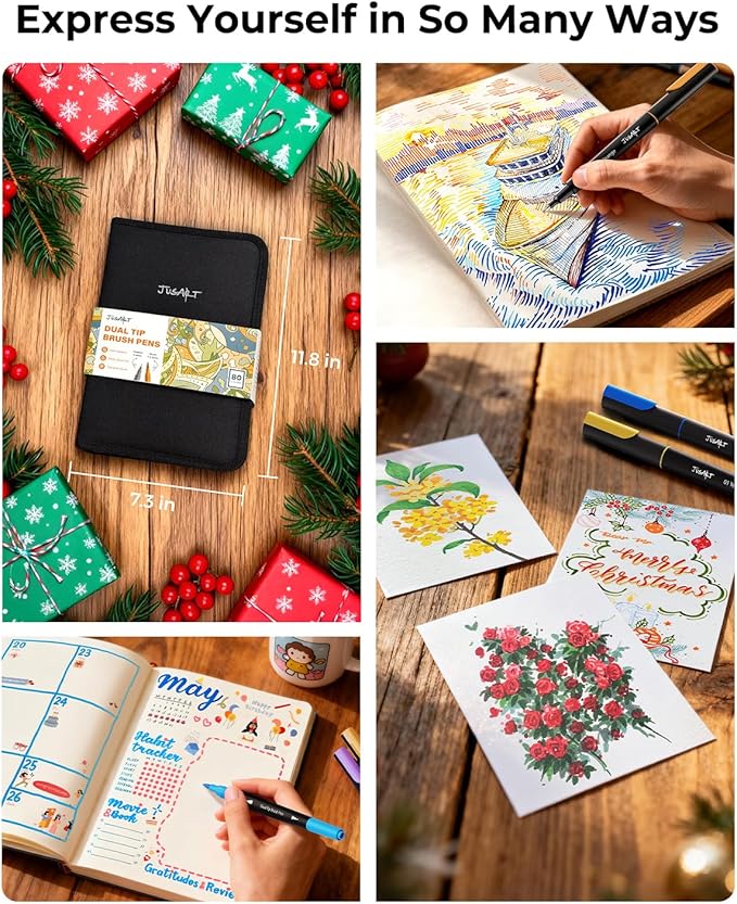 JusArt Markers for Adult Coloring Books No Bleeding, Coloring Markers with Dual Tips, Fine & Brush Pens with Ergonomic Triangle Grip & 33% More Ink, Water-Based Art Drawing Set for Adults, 80 Colors