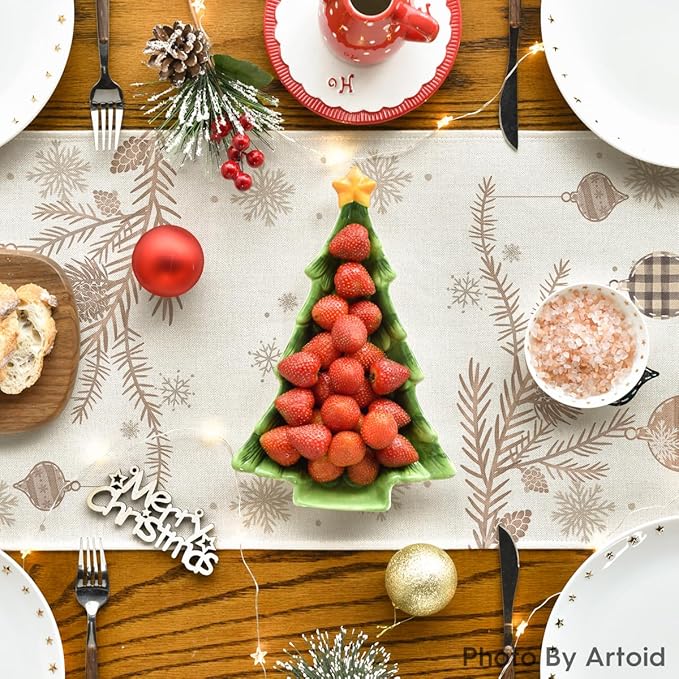 Artoid Mode Brown Pine Trees Snowflake Merry Christmas Table Runner, Winter Xmas Holiday Kitchen Dining Table Decoration for Home Party Decor 13x72 Inch