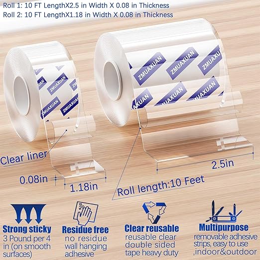 Double Sided Tape Heavy Duty, Clear Wall Mounting Tape, Picture Hanging Adhesive Strips Removable, Strong Poster Glue Adhesive Tape, Nano Tape Sticky Tack for Carpet, Hangers, Frame, 2 Pack Extra Wide