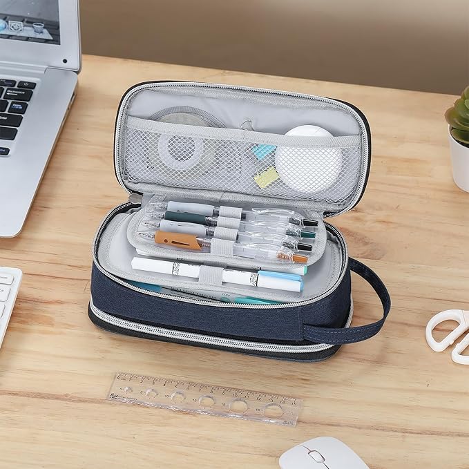 Pencil Case Large Zipper Pencil Pouch for Girls Kids Teens Adults Aesthetic Pencil Bag Stationery Organizer Pencil Case with Handle for School Blue