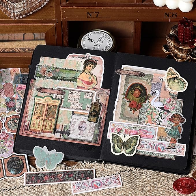 200PCS Vintage Scrapbooking Supplies Pack, Aesthetic Scrapbook Sticker Paper Art Journaling Kit for Bullet Junk Journals,Planner,Cottagecore Decor Gifts (Green Vintage Collection)