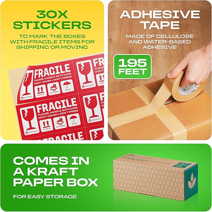 Honeycomb Packing Paper | Extra Thick 90 GSM Packing Wrap | Biodegradable Packing Materials: 15” x 200’ Moving Paper + 195’ Cellulose Adhesive Tape + 30 Fragile Stickers | Paper Bubble Wrap