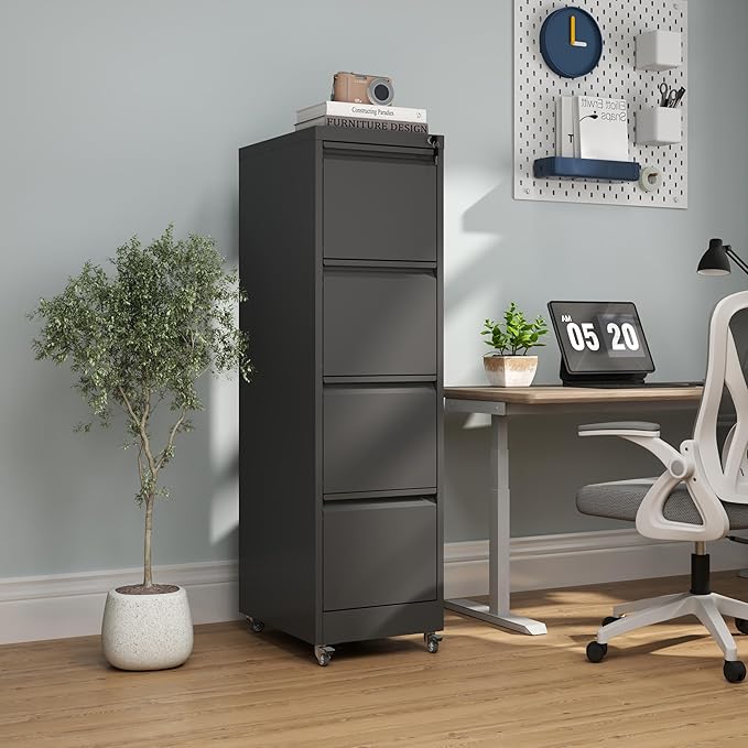 4 Drawer Locking File Cabinet with Wheels,Black Metal Mobile Filing Cabinets,Vertical File Cabinet for Home Office,Rolling Storage Cabinet for A4/Letter/Legal Size File,Assembly Required