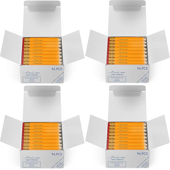 Mini Golf Pencils With Erasers - 384 Count - Classic Pre-Sharpened #2 HB American Pew Pencils Standard Hex Shaped Bulk Pack