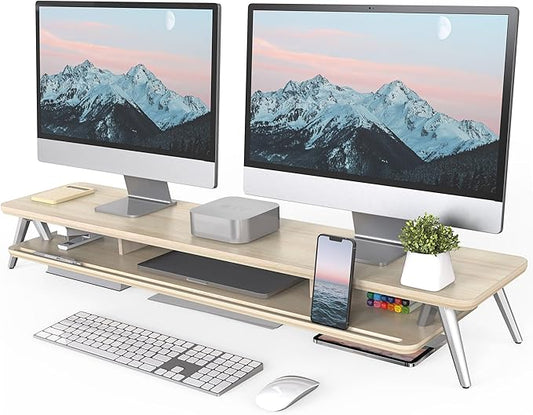 Fenge Dual Monitor Stand, Monitor Stands Riser for 2 monitors, 42.5 Inch Wood Desk Shelf with Storage Organizer and Cable Management for Office Desk Accessories