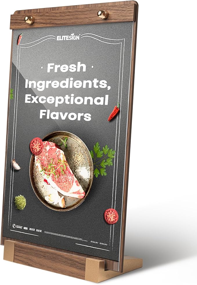 1PK Acrylic Sign Holder 8.5 x 11 with Walnut Wood Base, Clear Plastic Commercial Display Stand for Menu, Poster, Flyer, Table Paper Frame for Restaurant, Office, Store, Bar, Wedding