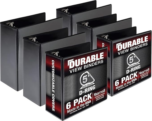 Samsill Durable 5 inch 3 Ring Binder, Made in USA, Locking D Ring FSC 100% Recycled Chipboard, Black, 6 Pack