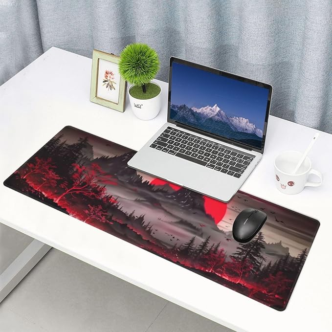 Extended Gaming Mouse Pad, Large Desk Mat XL Anime Mouse Pad Waterproof with Stitched Edges, Non-Slip Desktop Pad for Home and Office, Level Up Your 31.5x11.8 Inch (Darkness Red Moon2)