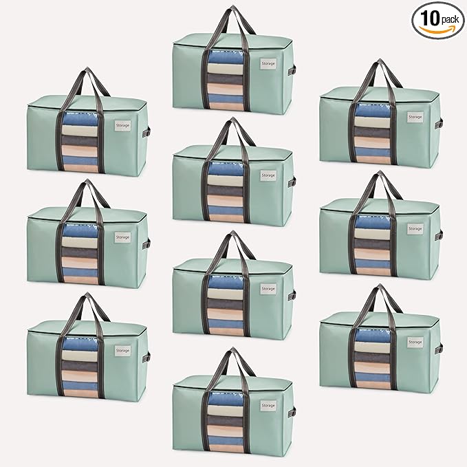 VENO 10 Pack Moving Bags, Moving Supplies, Moving Boxes, College Packing Storage Boxes with Lids Alternative, Heavy Duty Totes, Extra Large, Sturdy Handles, Zipper (Light Green with Window, 10 Pack)