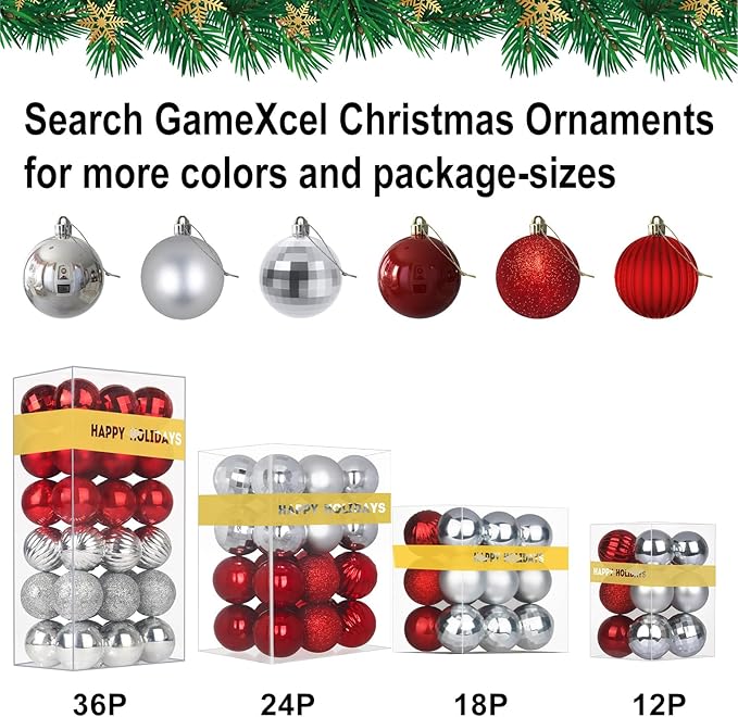 GameXcel 24Pcs Christmas Balls Ornaments for Xmas Tree - Shatterproof Christmas Tree Decorations Medium Hanging Ball Silver & Red 2.5 Inch x 24 Pack