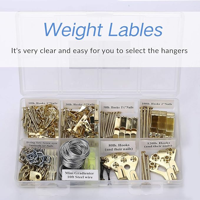 Picture Hangers, Picture Hanging Kit, 225pcs Heavy Duty Frame Hooks Hardware with Nails, Hanging Wire, Screw Eyes, D Ring and Sawtooth for Wall Mounting