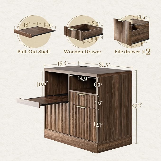 3 Drawer File Cabinet, Fluted Wood Lateral Filing Cabinet with Charging Station for Home Office, Fits for A4/Letter-Sized Files, Printer Stand with Open Storage Shelves, Black Walnut