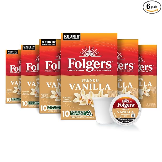 Folgers French Vanilla Artificially Flavored Coffee, Keurig K-Cup pods, 10 Count Box (Pack of 6)