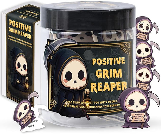 Positive Grim Reaper Jar – Funny Emotional Support Grim Reaper, 60 Dark Humor & Funny Affirmation Notes, Halloween Gifts for Women, Men, Coworkers, Cute Halloween Basket Gift Idea, Fall Gifts Basket