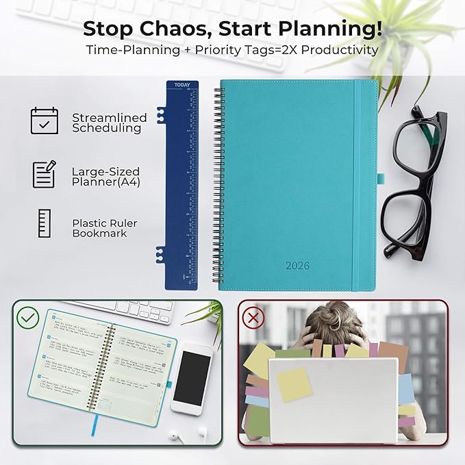 IN-LUXPRO Planner 2026 Daily Weekly and Monthly,11.5"x8.5",12 Months Spiral Bound Calendar Agenda with Self-adhesive Pen Holder,2026 Appointment Book with Vegan Leather Soft Cover,Light Blue