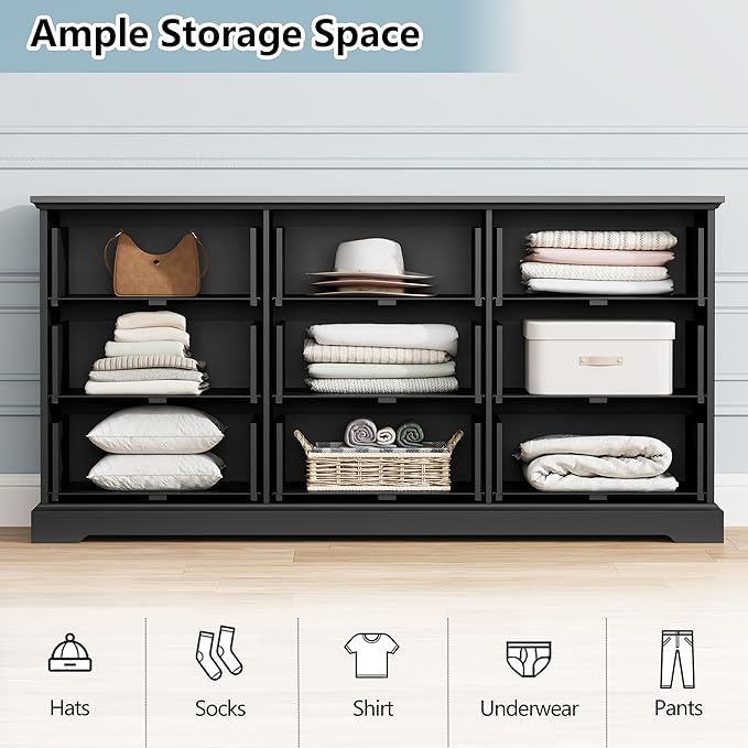 9 Drawer Dresser for Bedroom, 63" Wide Wooden Chest of Drawers, Rustic Farmhouse Dresser with Large Drawers & Metal Handles, Modern Storage Organizer for Closet, Living Room, Hallway, Black