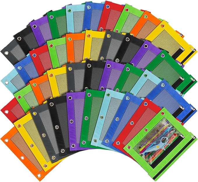 40 Pcs Colorful Pencil Binder Pouch with Zipper, 3 Ring Binder Pencil Case for Classroom Supplies