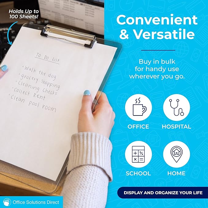 Plastic Clipboards (Set of 12) Transparent Clipboard (Clear) Strong 12.5 x 9 Inch | Holds 100 Sheets! Acrylic Clipboards with Low Profile Clip | Bulk Back to School Supplies for Teachers