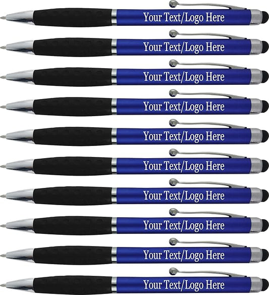 Personalized Pens With your Custom Logo or Text-300 Pack Bulk-for Businesses, Parties, and Events, 2 in 1 Ballpoint Pen & Stylus Compatible with Touchscreen Devices, Blue Barrel, Black Ink