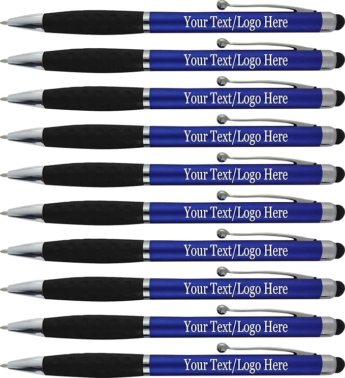 Personalized Pens With your Custom Logo or Text-600 Pack Bulk-for Businesses, Parties, and Events, 2 in 1 Ballpoint Pen & Stylus Compatible with Touchscreen Devices, Blue Barrel, Black Ink