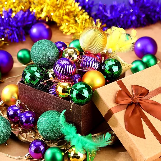 64 Pcs Mardi Gras Christmas Ornaments Glitter Purple Yellow Green Ball Ornament 1.6/1.97/2.4 Inch Assorted Size Plastic Carnival Bulbs Mardi Gras Decoration for Tree Home Indoor Party