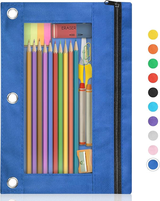 Shemira Pencil Pouch for 3 Ring Binder, Binder Pencil Pouch with Smooth Zipper, Clear Window Pencil Case for Binder, Zipper Pencil Pouches, Big Capacity 3 Ring Binder Pencil Bag, Azure Blue