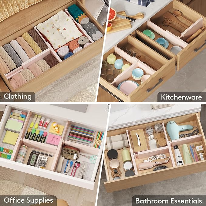 Lifewit 6 Pack Drawer Dividers 4" High, 11-17" Adjustable Drawer Organizers for Clothes, Expandable Dresser Separators in Bedroom/Bathroom/Kitchen/Fridge/Office Organization and Storage, Pink